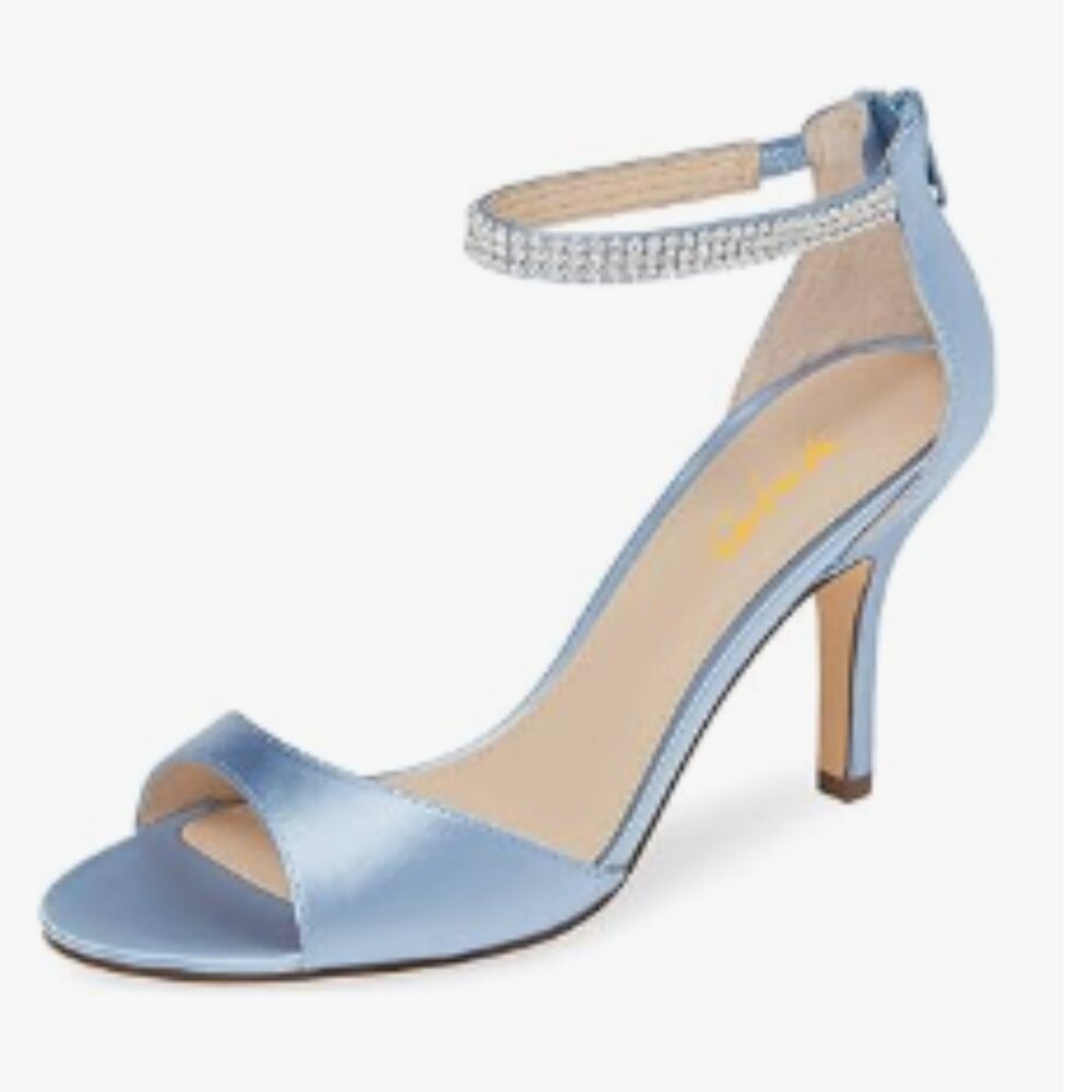 XYD Light Blue Open Toe Rhinestones Ankle Strap Sandals High Heel Bridal Shoes